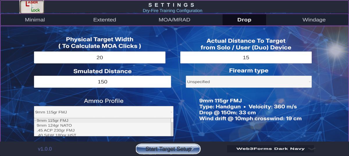 LaserLock ammunition profile settings showing 9mm 115gr FMJ drop and wind drift data with simulated distance