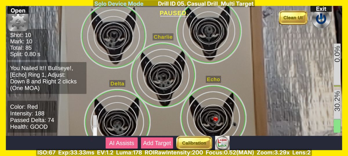 LaserLock app live drill screen showing a bullseye hit with 0.80 second split time and MOA coaching