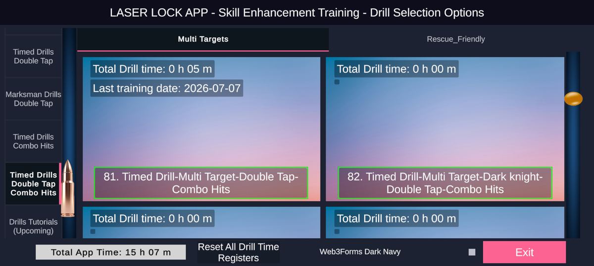 LaserLock multi-target timed drill selection showing Double Tap Combo Hits drills and total app time of 15 hours