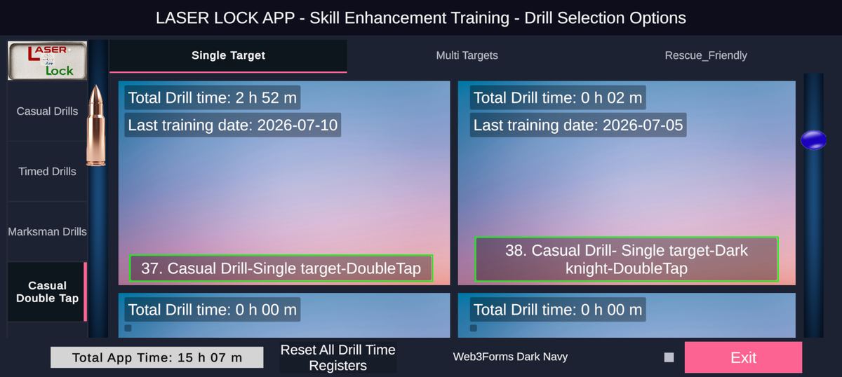 LaserLock drill selection screen with per-drill time registers and last training dates for Double Tap drills