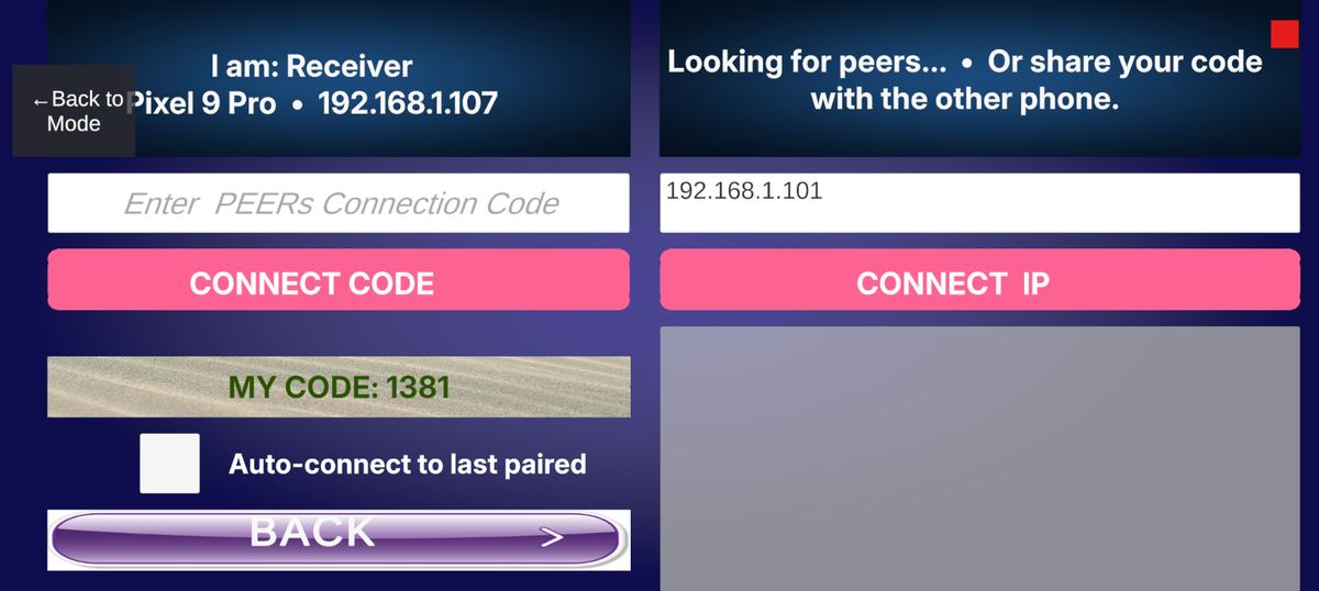 LaserLock Duo pairing screen with 4-digit connection code and direct IP connect over local Wi-Fi