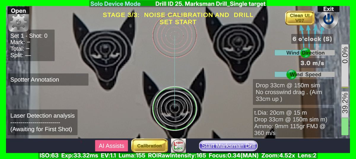 LaserLock Marksman drill armed screen showing aim zone above real target with drop and no-crosswind hold instructions