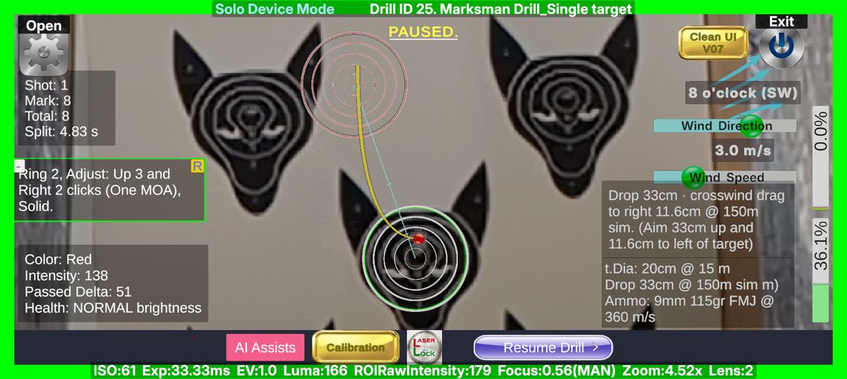 LaserLock Marksman drill live screen with trajectory curve, wind compass, drop and windage hold-off data