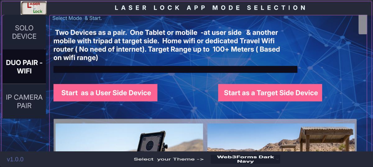 LaserLock Duo Pair mode selection screen for user side and target side devices over Wi-Fi