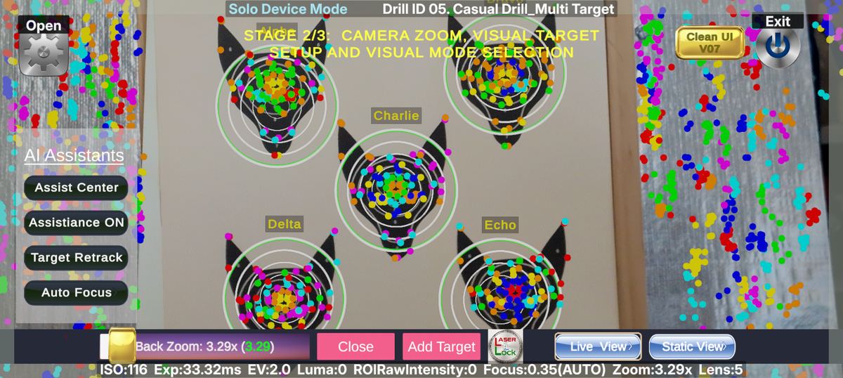 LaserLock noise rejection view showing colored detection noise excluded outside target rings