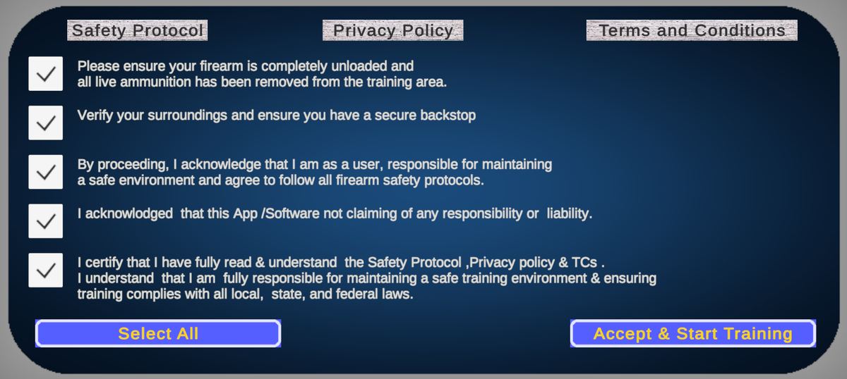 LaserLock safety protocol screen requiring firearm unloaded confirmation before training starts