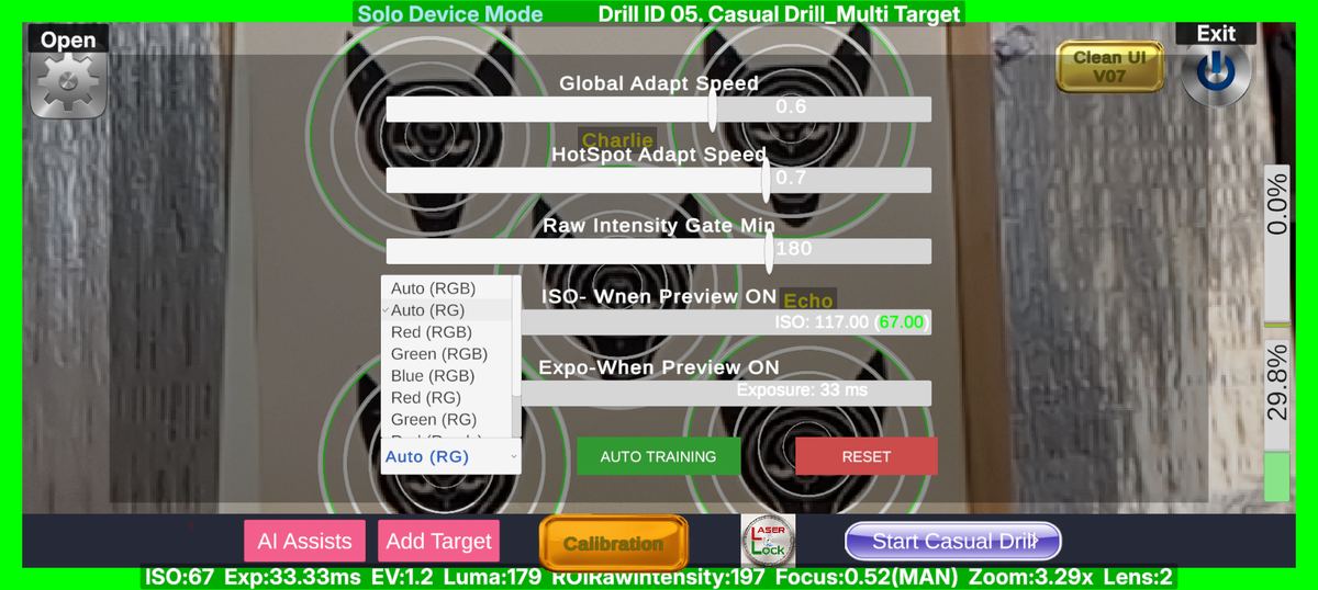 LaserLock laser sensor profile selection showing Auto RGB, Red, Green, Blue and monochrome options with adaptation sliders