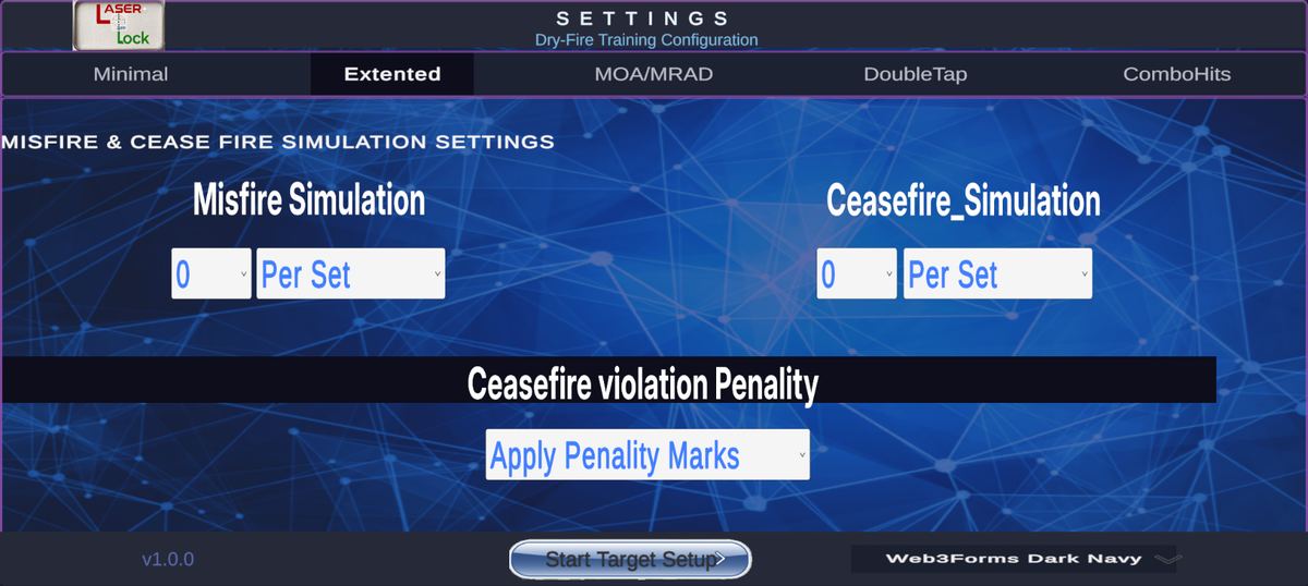 LaserLock misfire and ceasefire simulation settings with penalty marks option