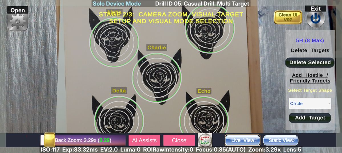 LaserLock target setup screen adding hostile and friendly targets with shape selection over real paper targets