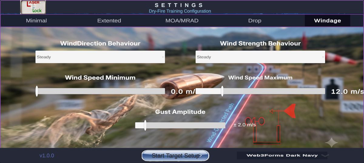 LaserLock windage settings with wind direction and strength behaviour modes and gust amplitude slider