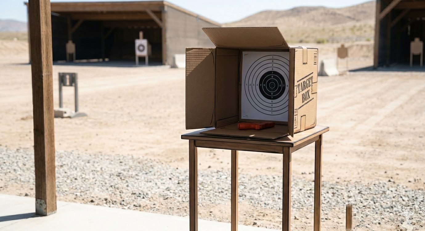 DIY cardboard target box shading a paper target for glare-free laser detection in bright sunlight