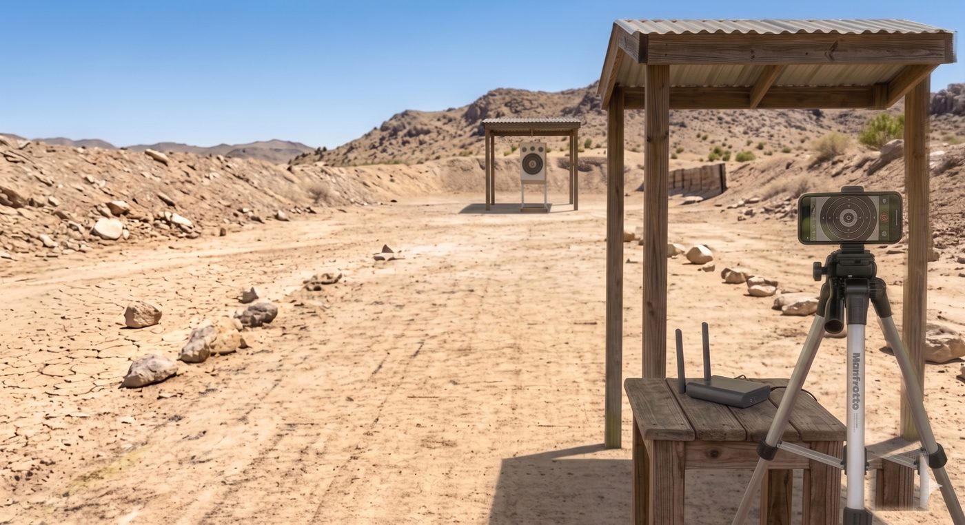 LaserLock Duo Mode target-side phone on tripod with travel Wi-Fi router at an outdoor range