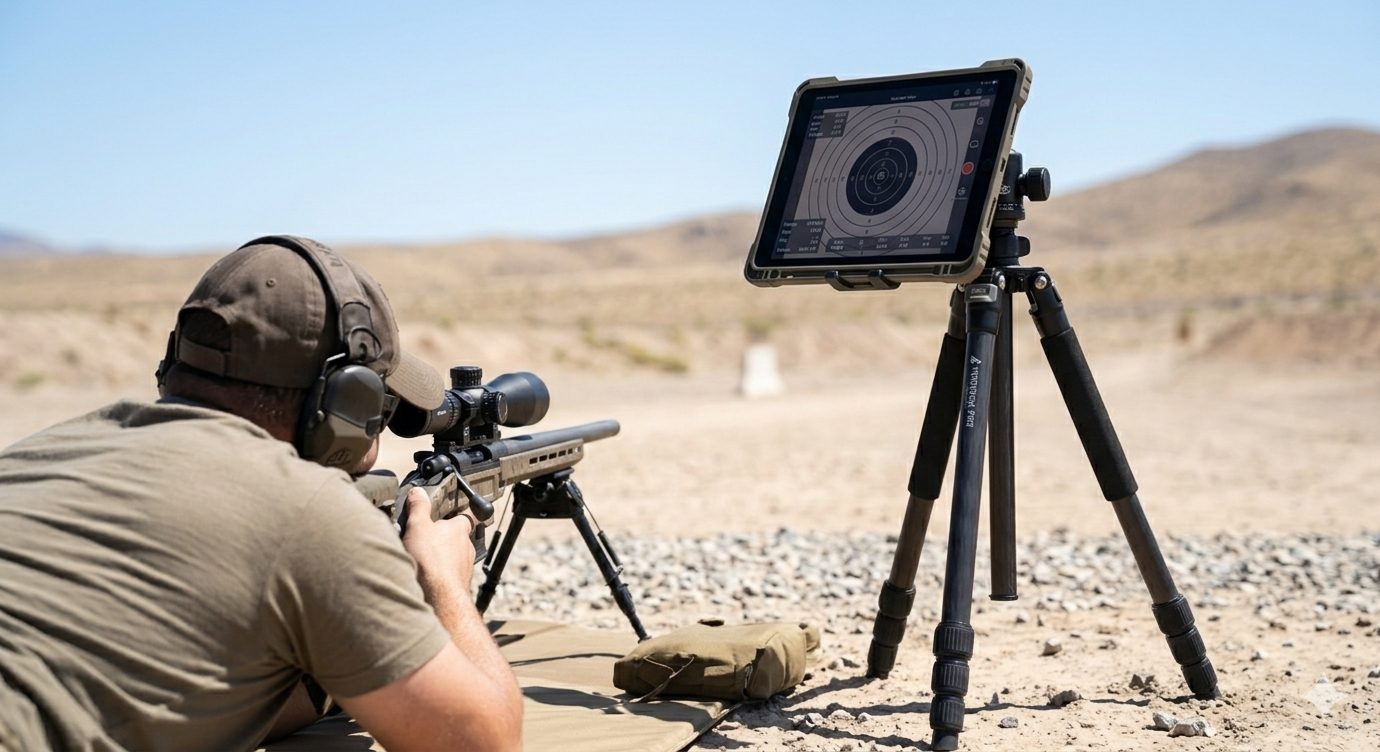 Shooter prone with rifle viewing live LaserLock target feed on a large tablet at an outdoor range