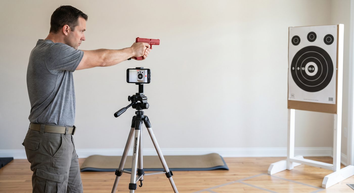 Dry fire practice at home with a training pistol, phone on tripod and paper target in a living room