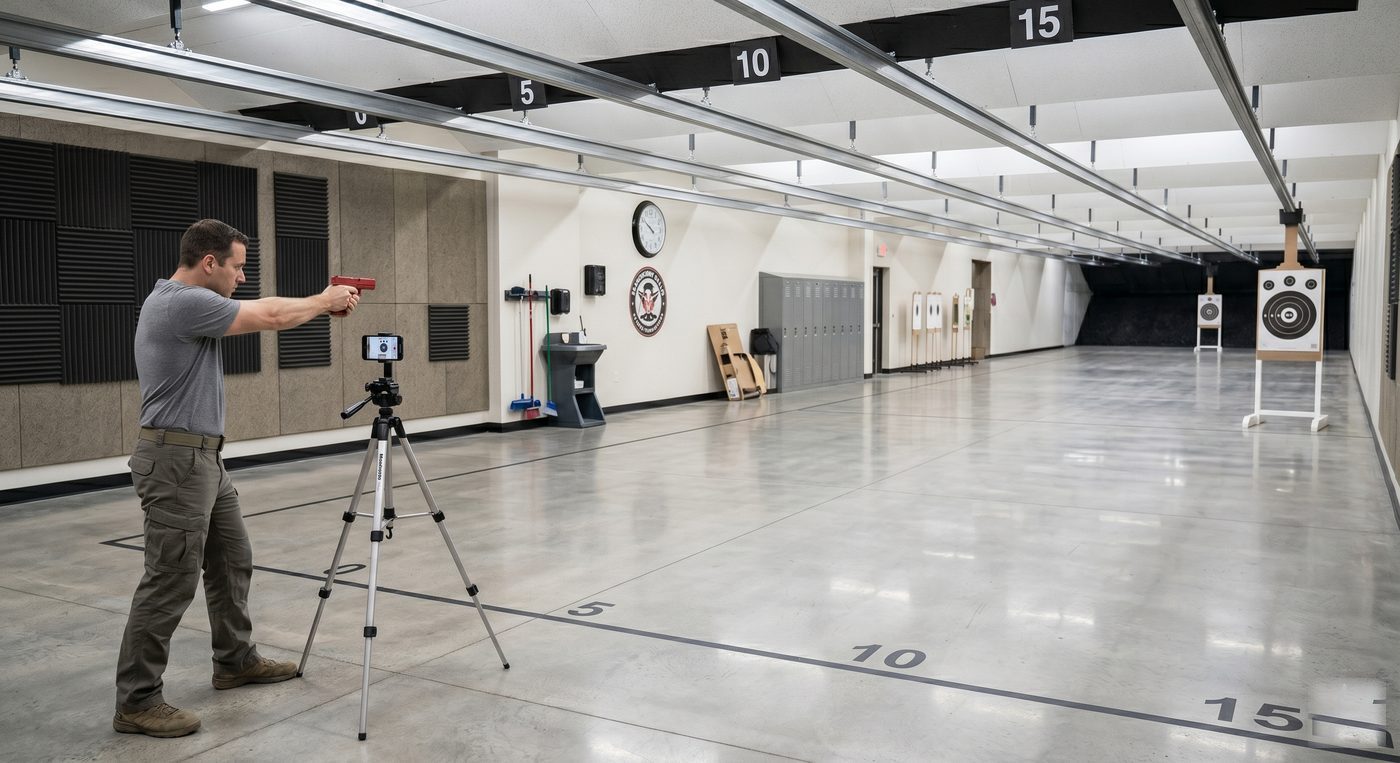 Shooter dry fire training at an indoor range with phone on tripod detecting laser hits on a distant target