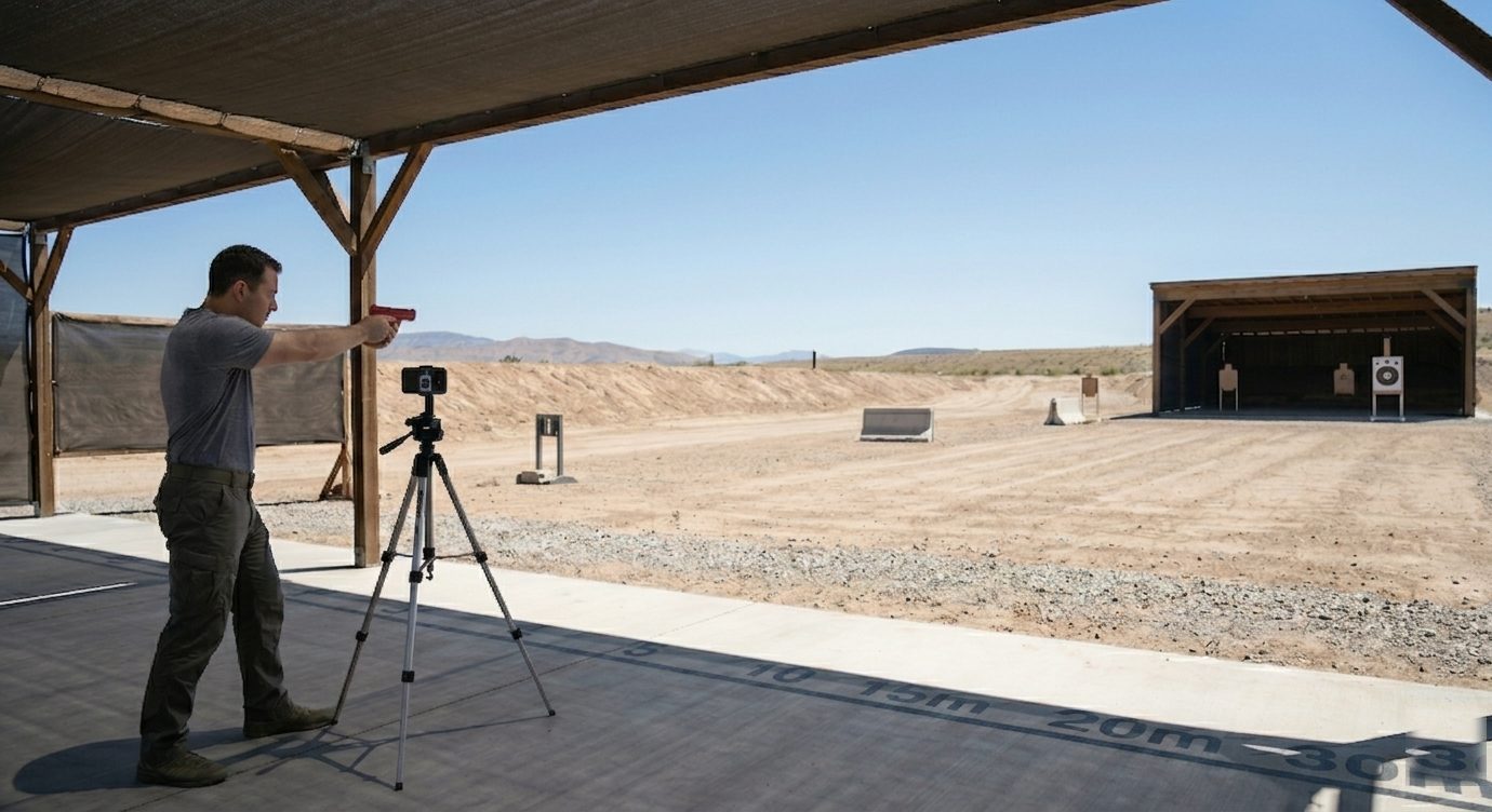 Shooter practicing laser dry fire at a real outdoor range at 30 meters using LaserLock Duo Mode